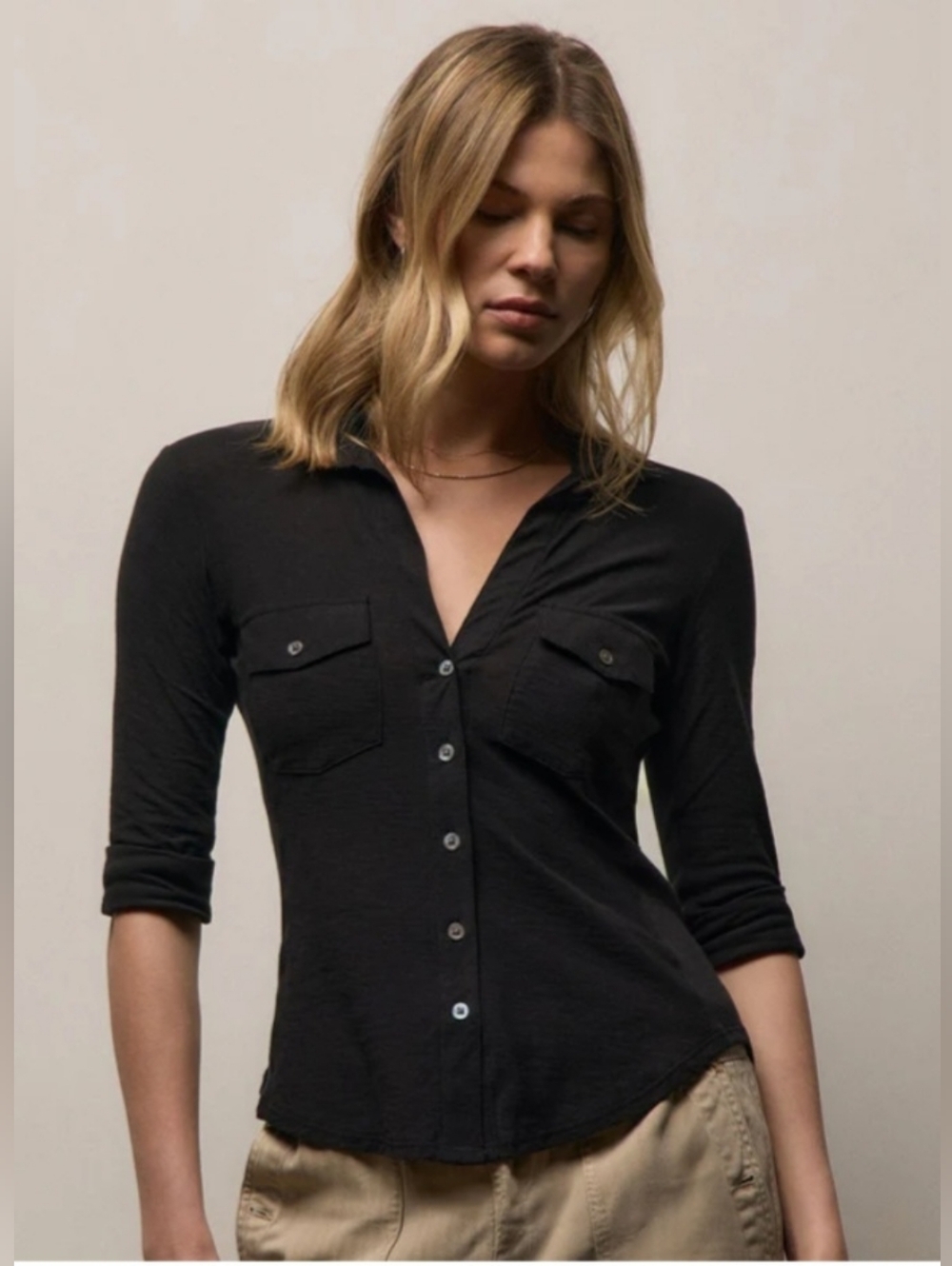 James Perse Contrast Panel Slub Utility Button Down 3/4 Sleeve Black Size 4 (XL)